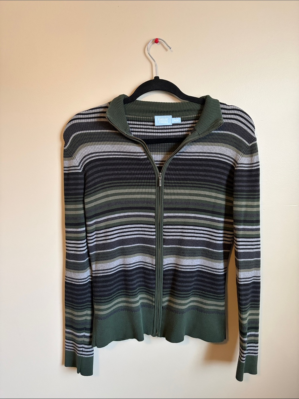 Denver Hayes Olive Green Striped Full-Zip Cardigan